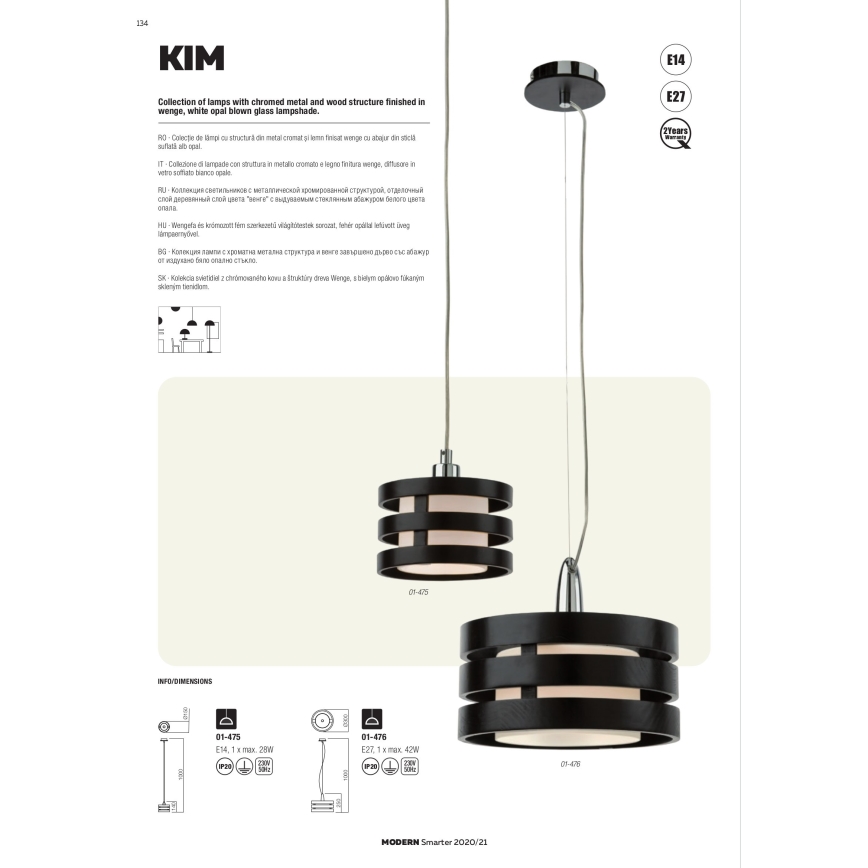 Redo 01-627 - Lampa wisząca na drążku KIM 4xE14/28W/230V chrom błyszczący/czarny