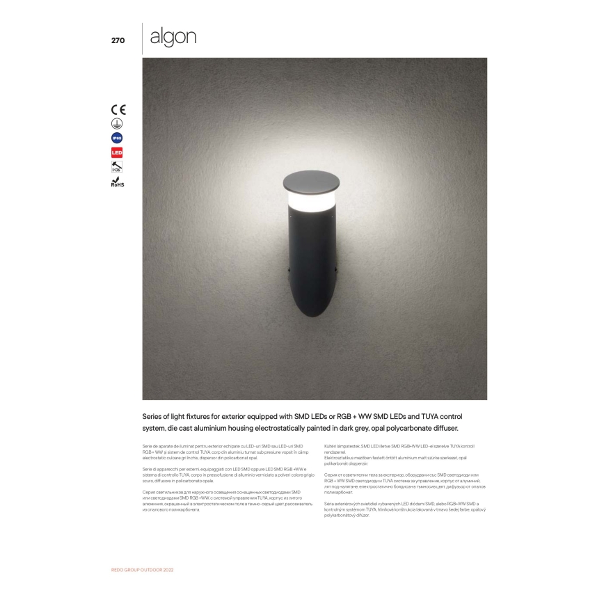 Redo 90073 - LED RGBW Zewnętrzny kinkiet ALGON LED/6W/230V Wi-Fi Tuya IP65 antracyt