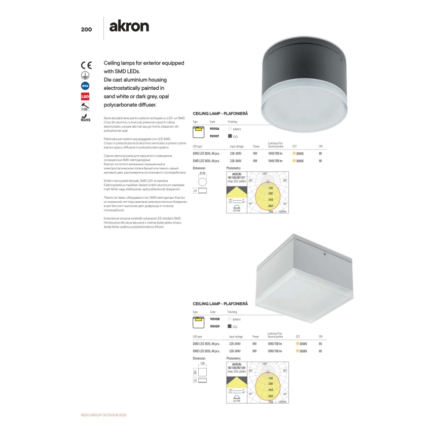 Redo 90107 - LED Plafon zewnętrzny AKRON 1xLED/9W/230V śr. 10,8 cm IP54