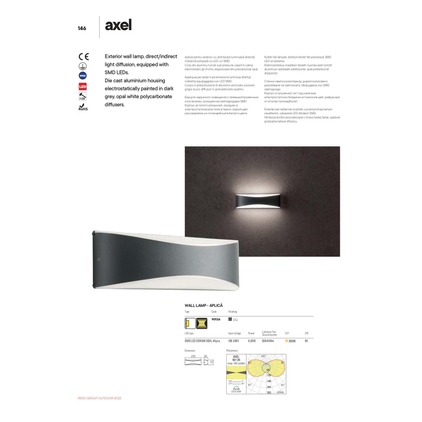 Redo 90126 - LED zewnętrzny kinkiet AXEL LED/7W/230V 3000 IP65 antracyt