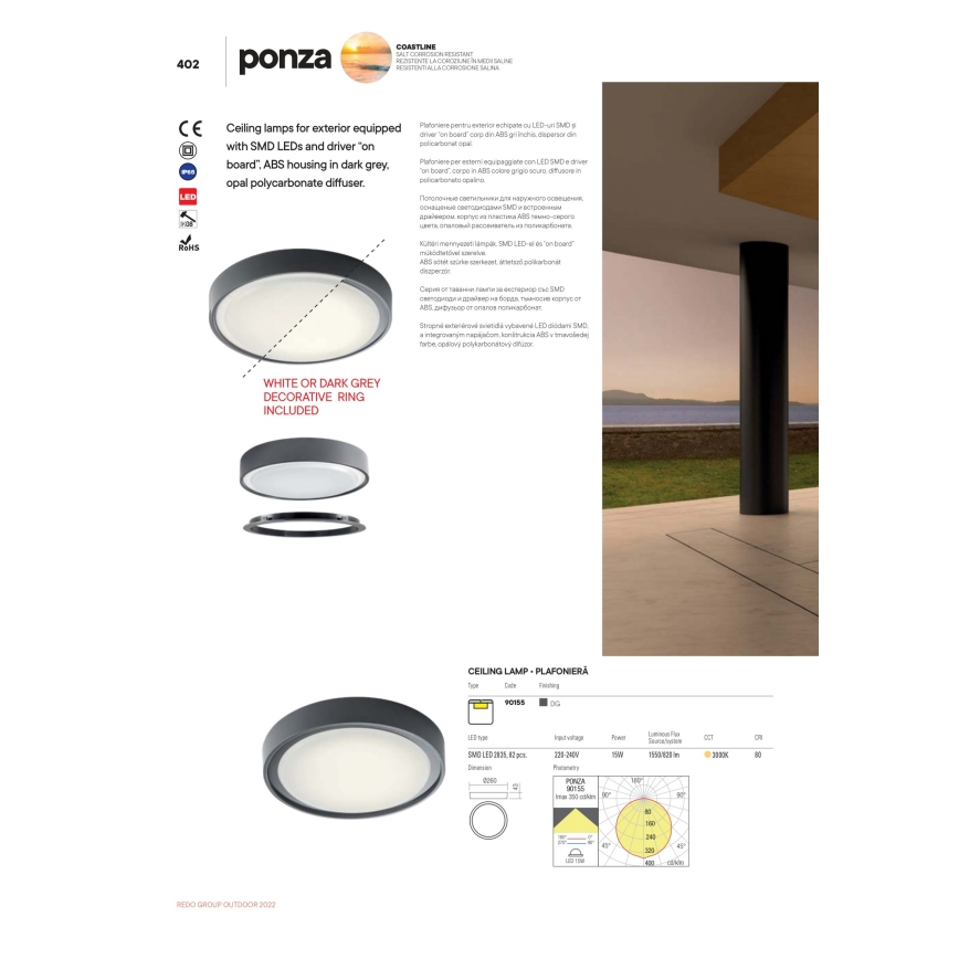 Redo 90155 - LED Plafon zewnętrzny PONZA LED/16W/230V śr. 26 cm IP65