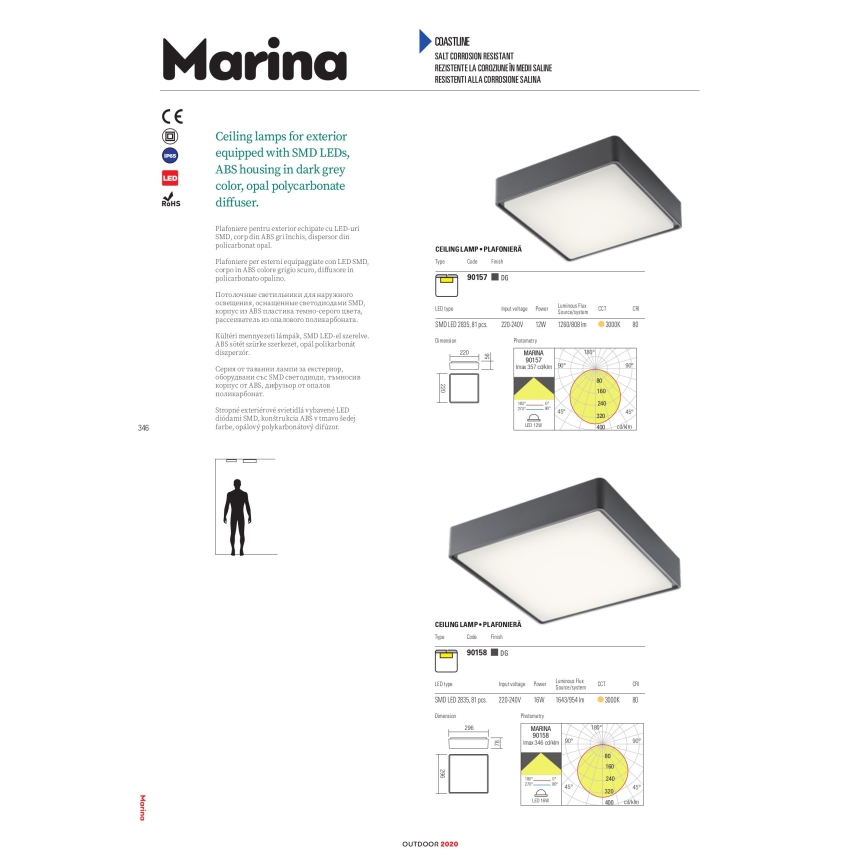 Redo 90158 - LED Plafon zewnętrzny MARINA LED/16W/230V 29,6x29,6 cm IP65 antracyt