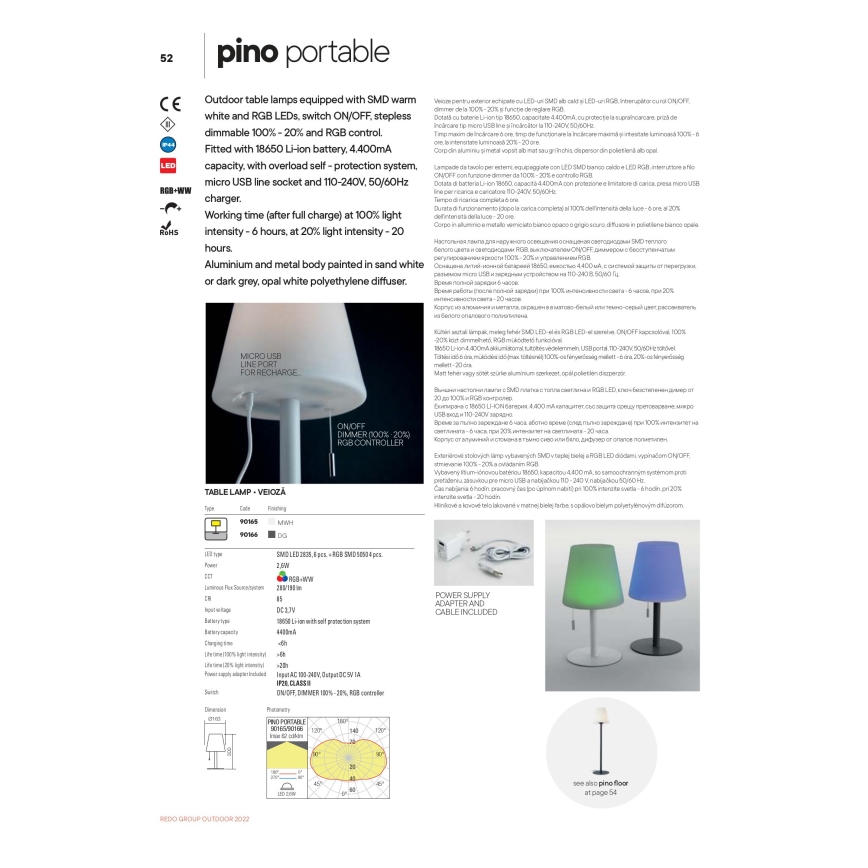 Redo 90166 - LED RGB Zewnętrzna ściemnialna lampa stołowa PINO LED/2,6W/230V 4400 mAh IP44
