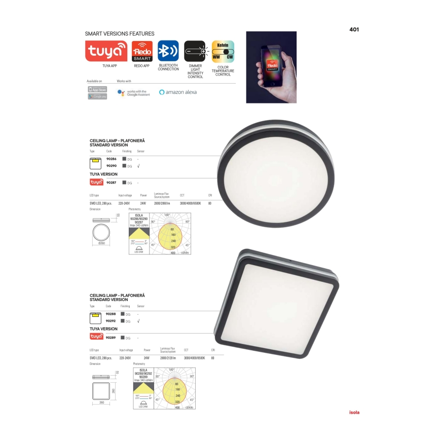 Redo 90288 - LED Plafon zewnętrzny ISOLA LED/24W/230V 26x26 cm 3000/4000/6500K IP54 antracyt