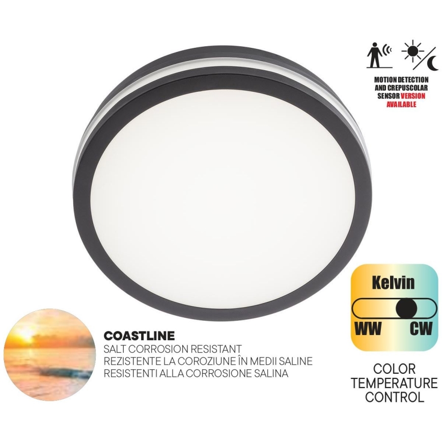 Redo 90290 - LED zewnętrzny plafon z czujnikiem ISOLA LED/24W/230V śr. 26 cm 3000/4000/6500K IP54 antracyt