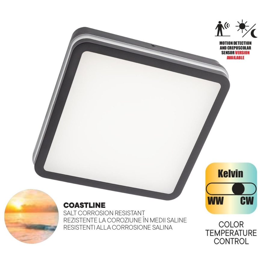 Redo 90292 - LED Plafon zewnętrzny z czujnikiem ISOLA LED/24W/230V 26x26 cm 3000/4000/6500K IP54 antracyt