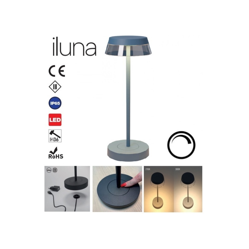 Redo 90310 - LED Ściemnialna dotykowa lampa stołowa ILUNA LED/2,5W/5V 2700-3000K 3000 mAh IP65 niebieska