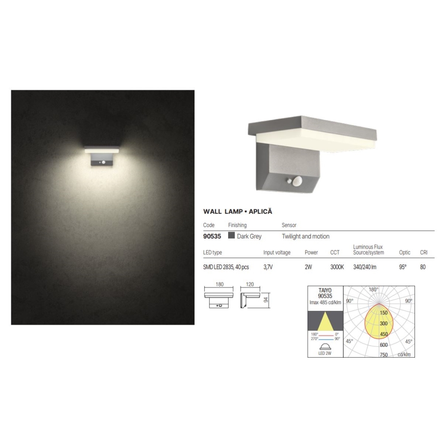 Redo 90535 - LED Kinkiet solarny z czujnikiem TAIYO LED/2W/3,7V 3000K 2200 mAh IP54 antracyt