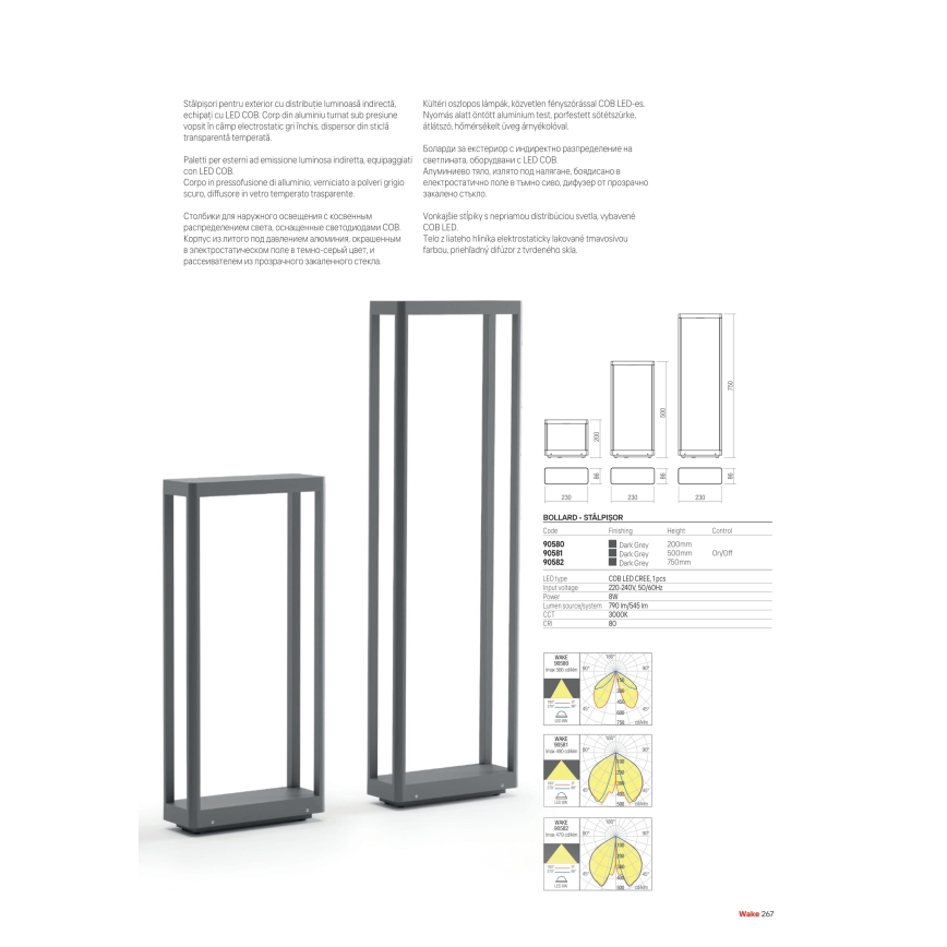 Redo 90580 - Zewnętrzna lampa LED WAKE, 8W, 230V, 3000K, 20 cm, IP65, antracyt
