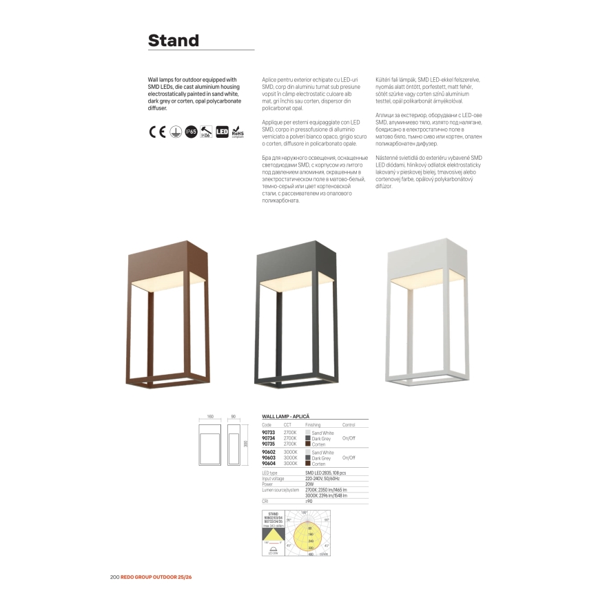 Redo 90603 - LED Zewnętrzny kinkiet STAND LED/20W/230V 3000K CRI 90 IP65 antracyt