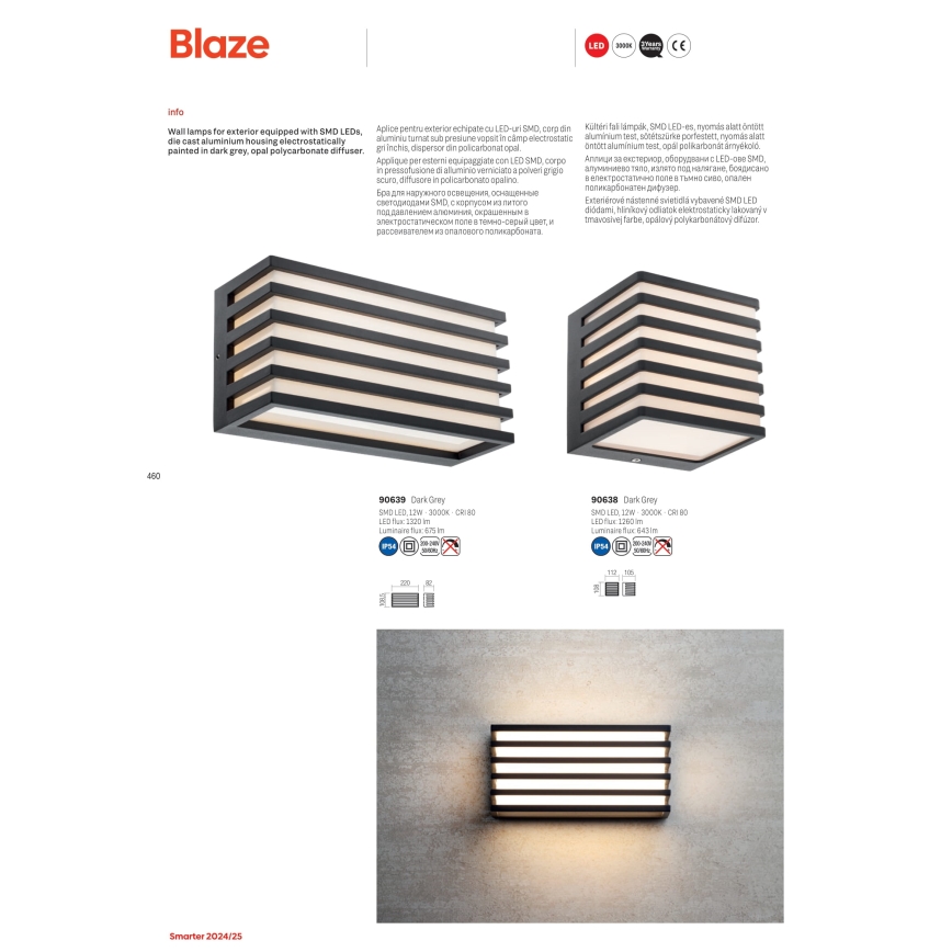 Redo 90638 - LED Kinkiet zewnętrzny BLAZE LED/12W/230V 3000K IP54 antracyt