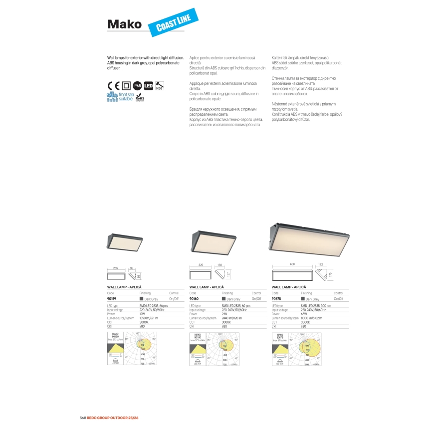 Redo 90678 - Zewnętrzny kinkiet LED MAKO/65W/230V 3000K IP65 antracyt