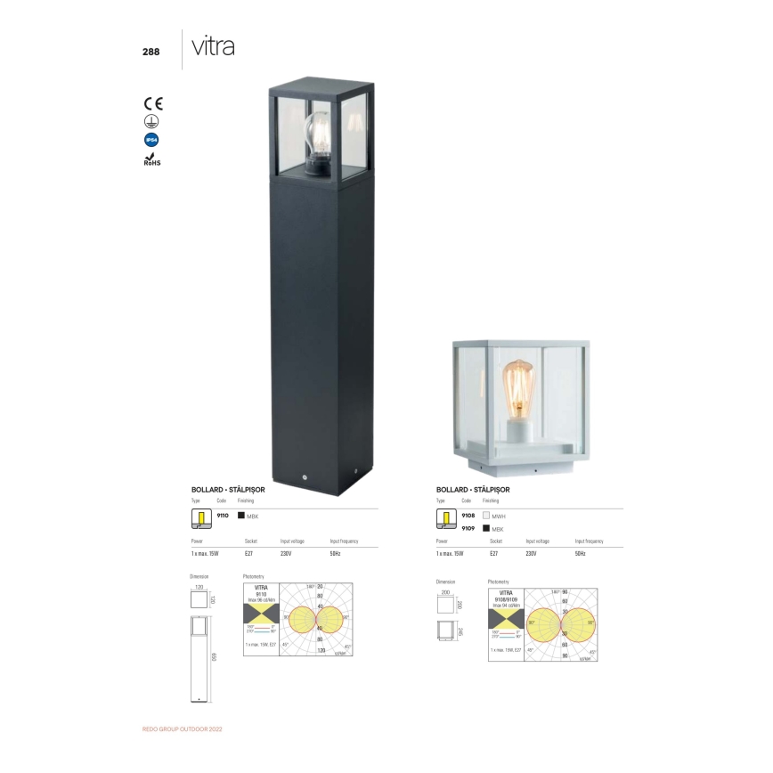 Redo 9109 - Lampa zewnętrzna VITRA 1xE27/15W/230V IP54 czarna