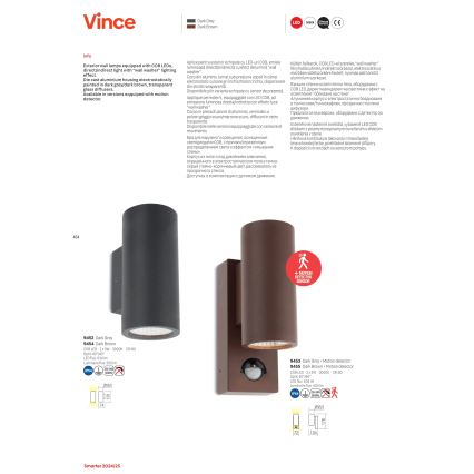 Redo 9453 - Zewnętrzny kinkiet LED z czujnikiem VINCE 2xLED/3W/230V IP54 antracyt