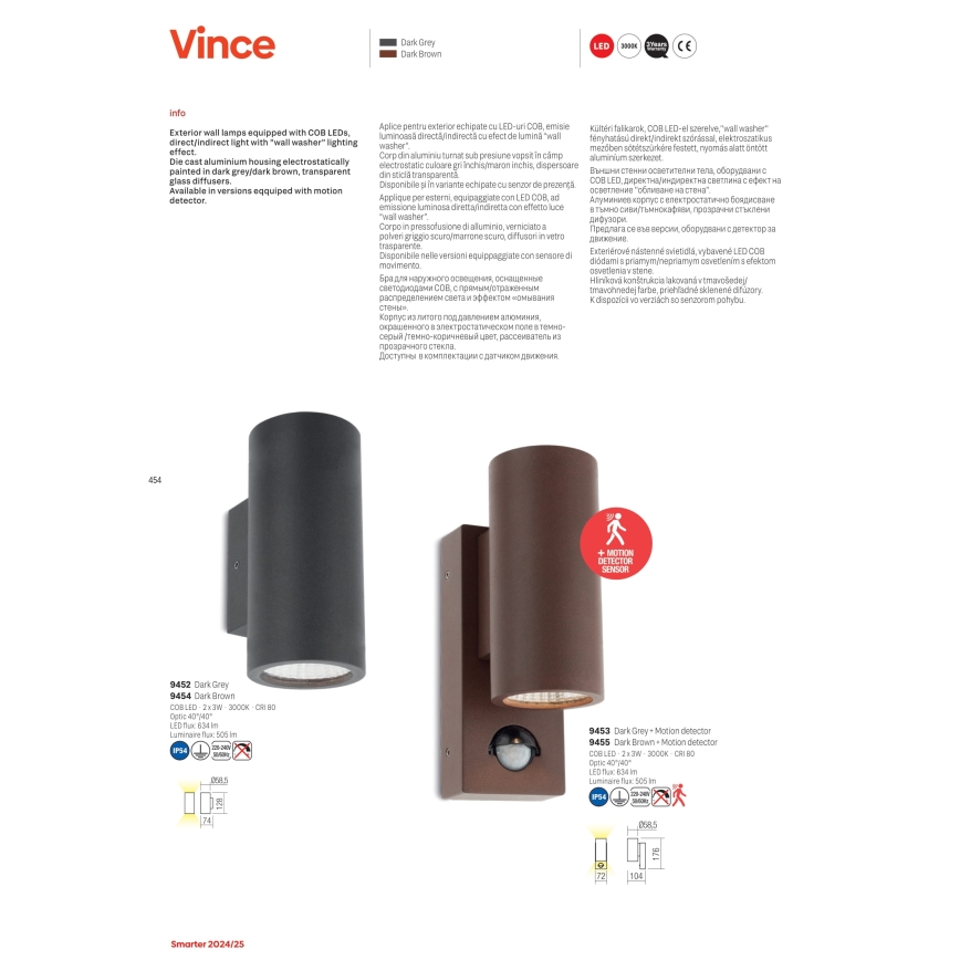 Redo 9453 - Zewnętrzny kinkiet LED z czujnikiem VINCE 2xLED/3W/230V IP54 antracyt