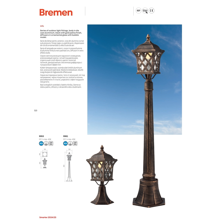 Redo 9952 - Lampa wisząca zewnętrzna na łańcuchu BREMEN 1xE27/42W/230V IP23 złota/patyna