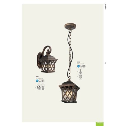 Redo 9952 - Lampa wisząca zewnętrzna na łańcuchu BREMEN 1xE27/42W/230V IP23 złota/patyna
