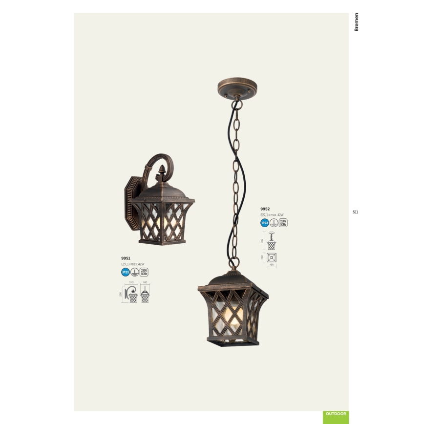 Redo 9952 - Lampa wisząca zewnętrzna na łańcuchu BREMEN 1xE27/42W/230V IP23 złota/patyna