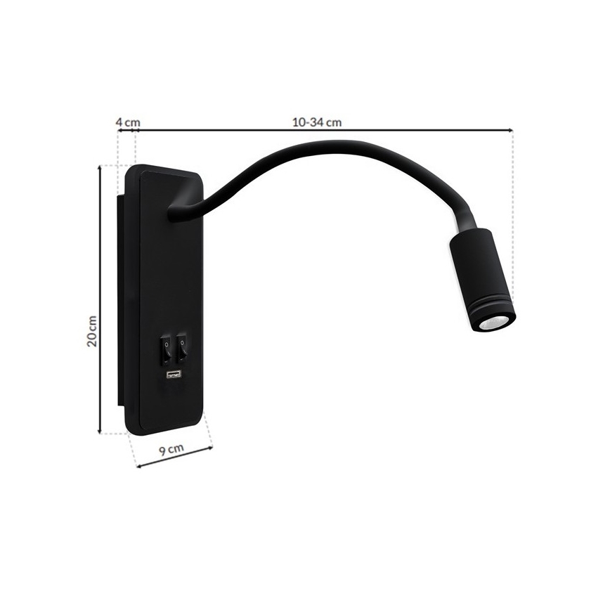 Regulowana lampka ścienna LED z USB BASE LED/8W+LED/2W/230V czarna