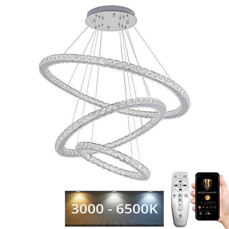 Regulowany LED kryształowy żyrandol na linkę LED/210W/230V 3000-6500K srebrny + pilot zdalnego sterowania