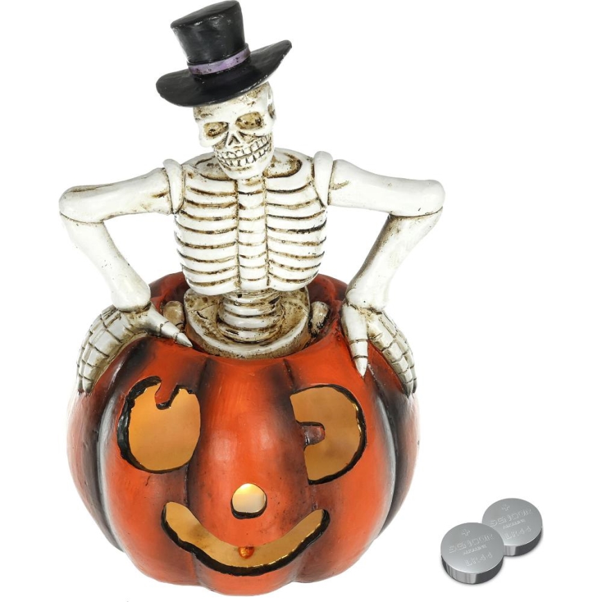 LED Dekoracja HALLOWEEN LED/2xLR44/ciepła biel szkielet w dyni żywica