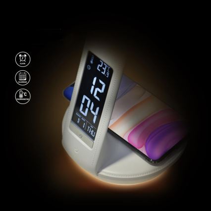 LED Stołowa lampa ściemnialna z bezprzewodowym akumulatorem Qi 5W i wyświetlaczem LED/6W/230V/1xCR2032 3000/4000/6000K biały