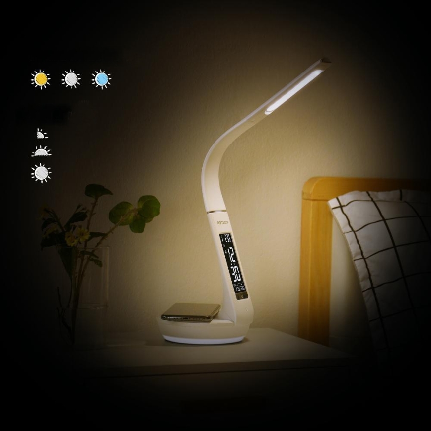 LED Stołowa lampa ściemnialna z bezprzewodowym akumulatorem Qi 5W i wyświetlaczem LED/6W/230V/1xCR2032 3000/4000/6000K biały