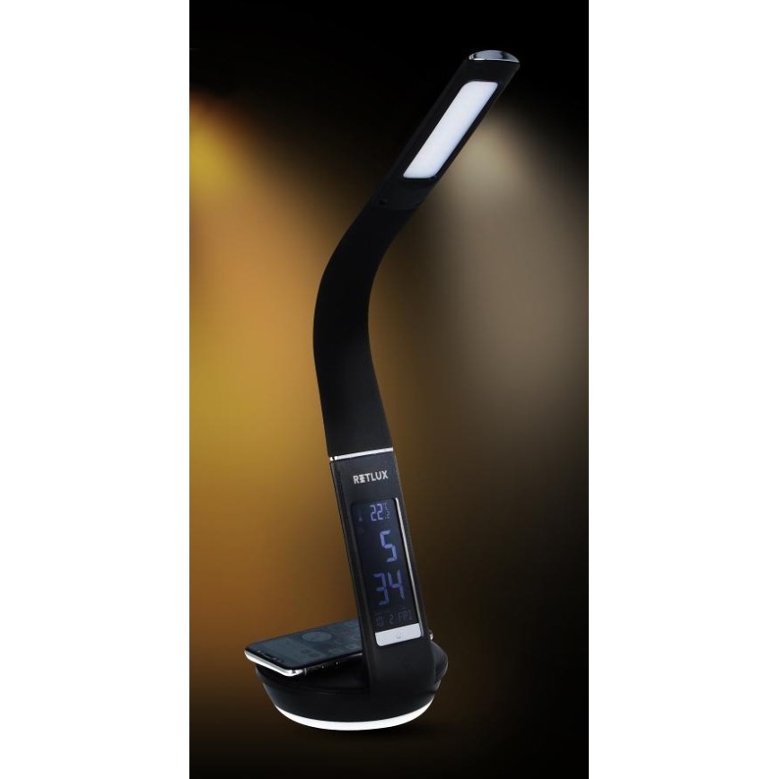 LED Stołowa lampa ściemnialna z bezprzewodowym akumulatorem Qi 5W i wyświetlaczem LED/6W/230V/1xCR2032 3000/4000/6000K czarny