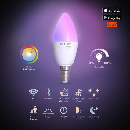 Żarówka LED RGBW ściemnialna C37 E14/4,5W/230V 2700-6500K Wi-Fi Tuya