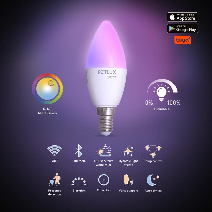 Żarówka LED RGBW ściemnialna C37 E14/4,5W/230V 2700-6500K Wi-Fi Tuya