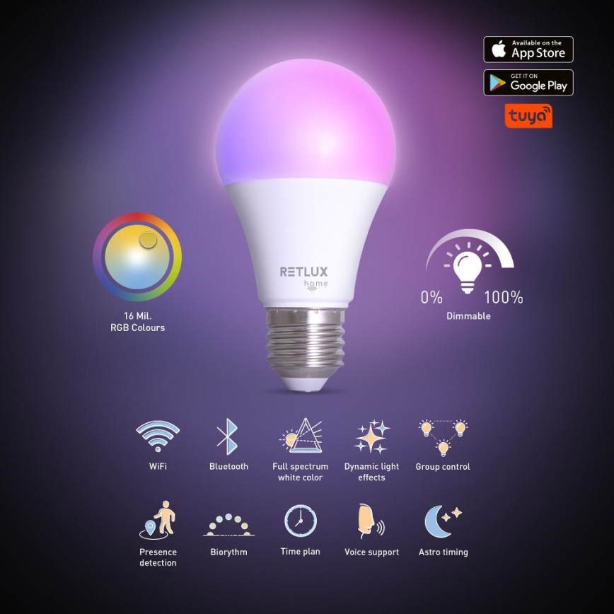 Żarówka LED RGBW ściemnialna A60 E27/9W/230V 2700-6500K Wi-Fi Tuya