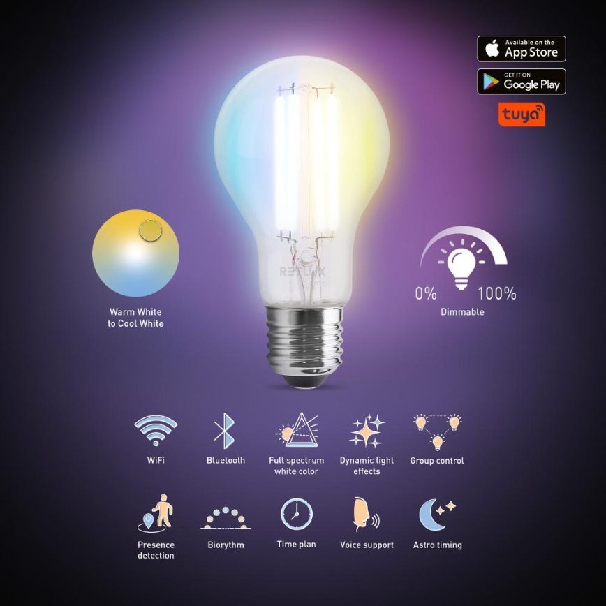 Żarówka LED ściemnialna FILAMENT A60 E27/7W/230V 2700-6500K Wi-Fi Tuya