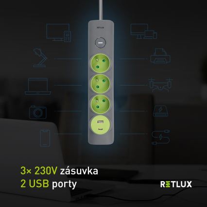 Retlux - Przedłużacz 3-gniazdowy z wyłącznikiem Typ E + 1xUSB-A + 1xUSB-C 1,4 m szary