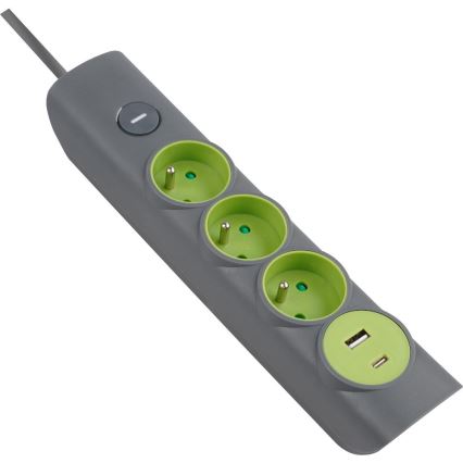Retlux - Przedłużacz 3-gniazdowy z wyłącznikiem Typ E + 1xUSB-A + 1xUSB-C 1,4 m szary