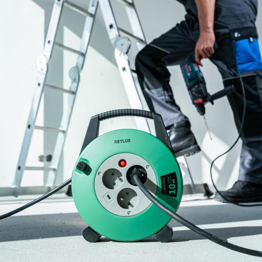 Retlux - Przedłużacz na bębnie 3 gniazda Typ E 10m zielony/czarny