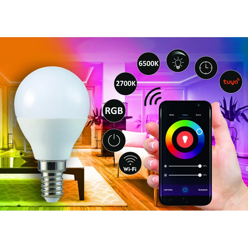 RGB LED Żarówka ściemnialna G45 E14/5,5W/230V 3000-6500K Wi-fi Tuya