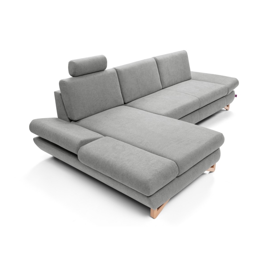 Rozkładana narożna tapicerowana sofa z pojemnikiem na pościel w kształcie litery L AVESTA lewa szara