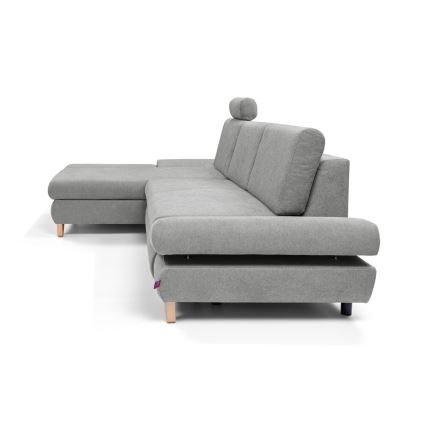Rozkładana narożna tapicerowana sofa z pojemnikiem na pościel w kształcie litery L AVESTA lewa szara