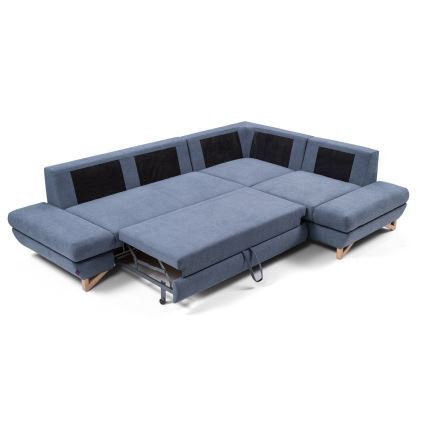 Rozkładana narożna tapicerowana sofa z pojemnikiem na pościel w kształcie litery L AVESTA prawa niebieska