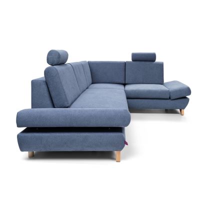 Rozkładana narożna tapicerowana sofa z pojemnikiem na pościel w kształcie litery L AVESTA prawa niebieska