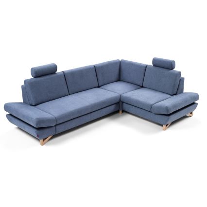 Rozkładana narożna tapicerowana sofa z pojemnikiem na pościel w kształcie litery L AVESTA prawa niebieska