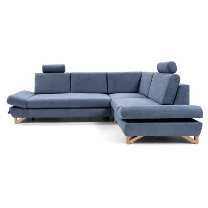 Rozkładana narożna tapicerowana sofa z pojemnikiem na pościel w kształcie litery L AVESTA prawa niebieska