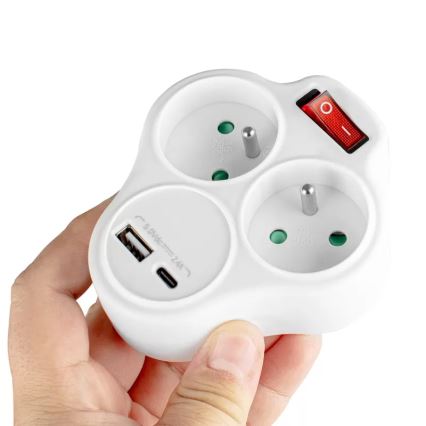 Rozgałęźnik z wyłącznikiem, 2 gniazda + USB-C + USB-A