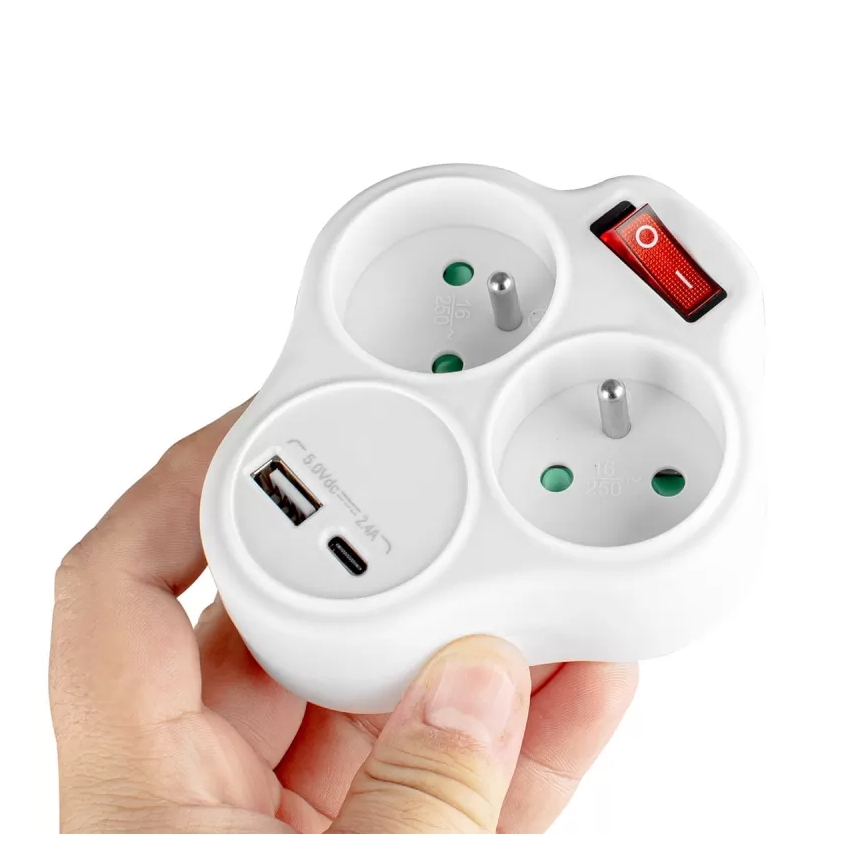 Rozgałęźnik z wyłącznikiem, 2 gniazda + USB-C + USB-A