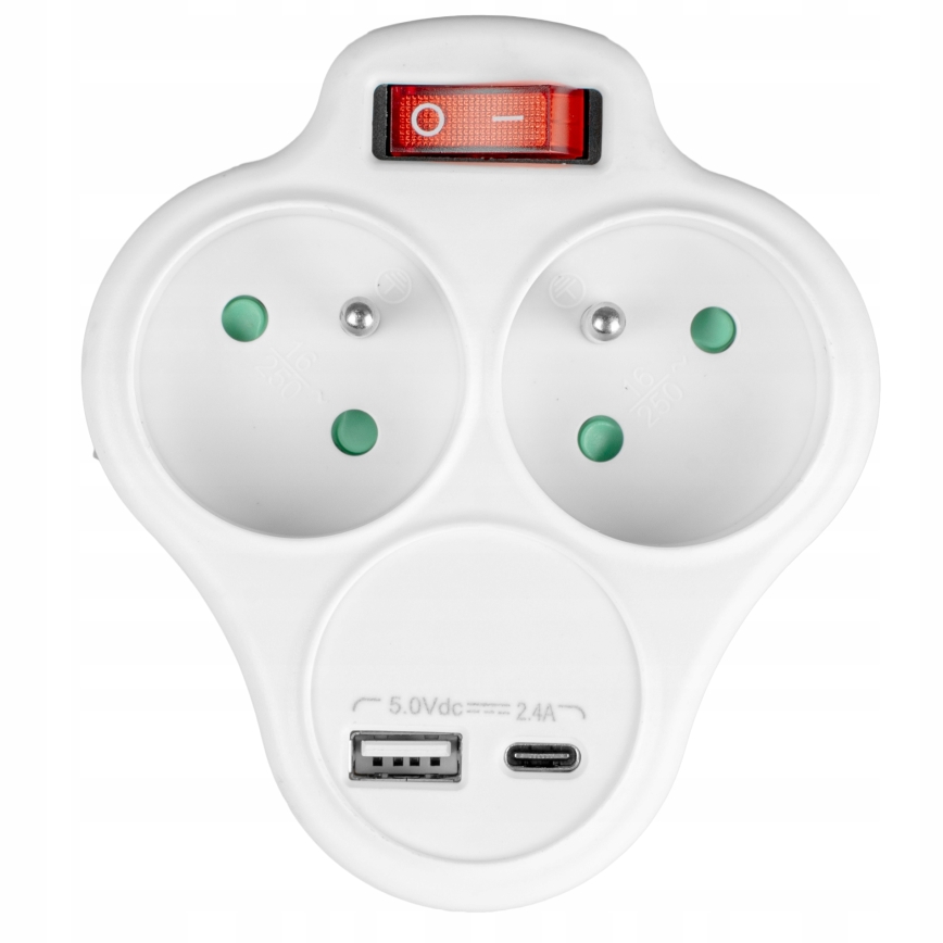 Rozgałęźnik z wyłącznikiem, 2 gniazda + USB-C + USB-A
