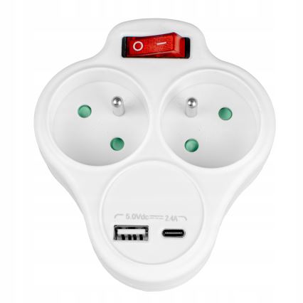 Rozgałęźnik z wyłącznikiem, 2 gniazda + USB-C + USB-A