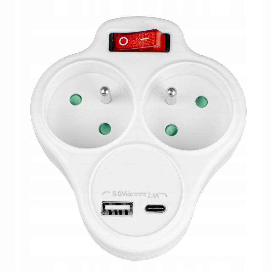 Rozgałęźnik z wyłącznikiem, 2 gniazda + USB-C + USB-A
