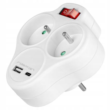 Rozgałęźnik z wyłącznikiem, 2 gniazda + USB-C + USB-A