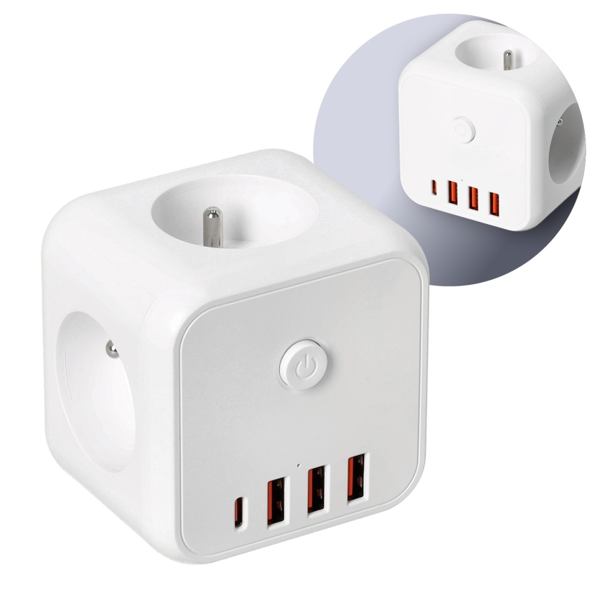 Rozgałęźnik z wyłącznikiem LINEA 3x230V + 4xUSB A/C biały