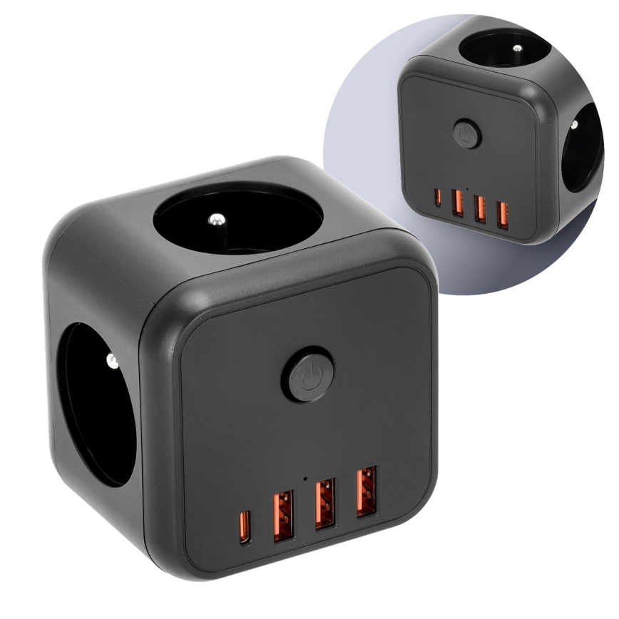 Rozgałęźnik z wyłącznikiem LINEA 3x230V + 4xUSB A/C czarny